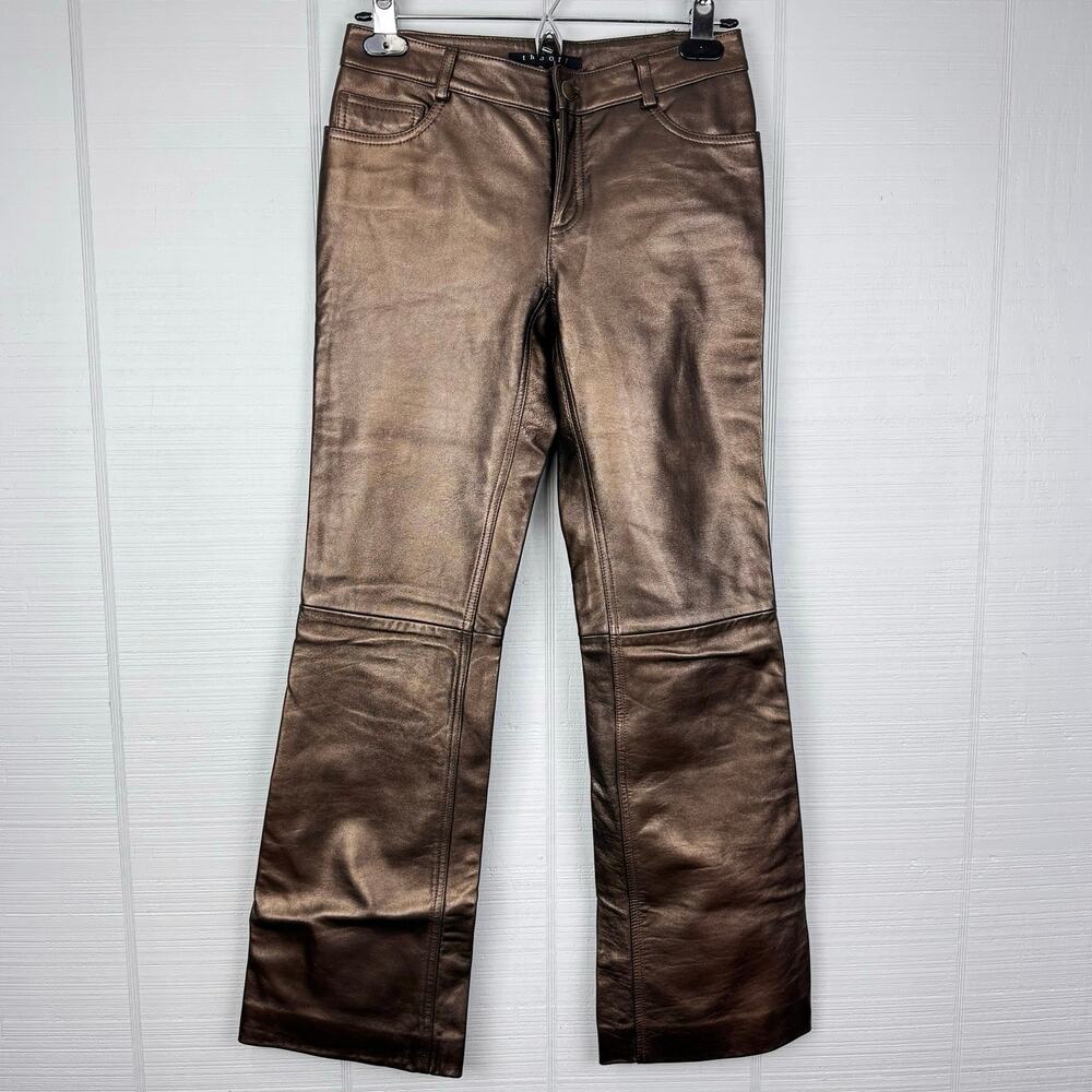 NWT Theory Bronze Brown Metallic Soft Leather Boot Cut Pants Mid Rise Size 0